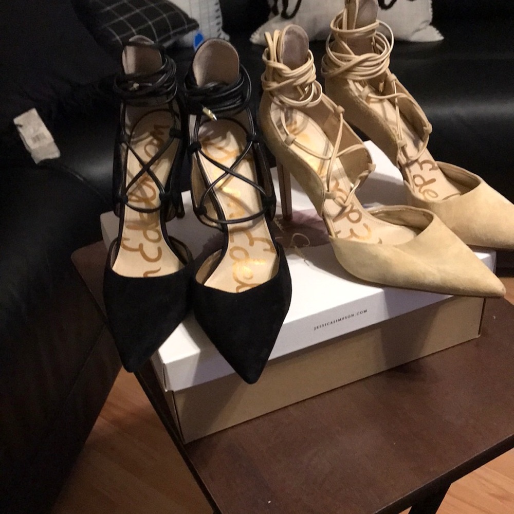 Sam Edelman heels, Black or Creme suede size 7.5 lace wraps up ankle or leg